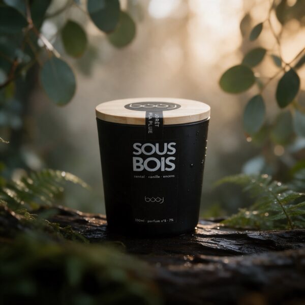Bougie parfumée Sous-bois, parfum boo·j n°5, en pot de 330 ml, notes santal vanille encens, sur fond de forêt après la pluie
