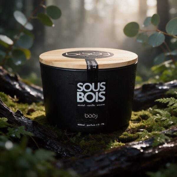 Bougie parfumée Sous-bois, parfum boo·j n°5, en pot de 600 ml, notes santal vanille encens, sur fond de forêt après la pluie