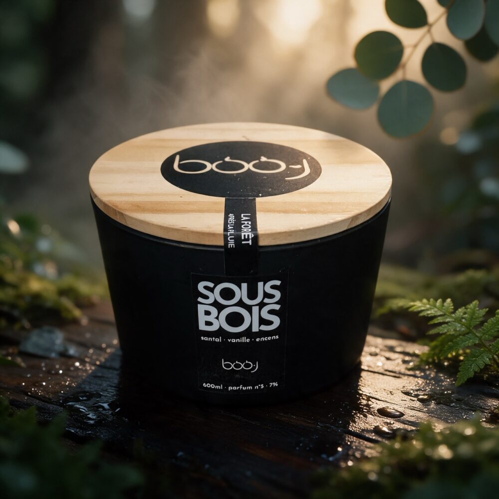 Bougie parfumée Sous-bois, parfum boo·j n°5, en pot de 600 ml, notes santal vanille encens, sur fond de forêt après la pluie
