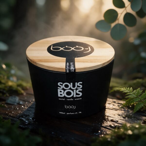 Bougie parfumée Sous-bois, parfum boo·j n°5, en pot de 600 ml, notes santal vanille encens, sur fond de forêt après la pluie