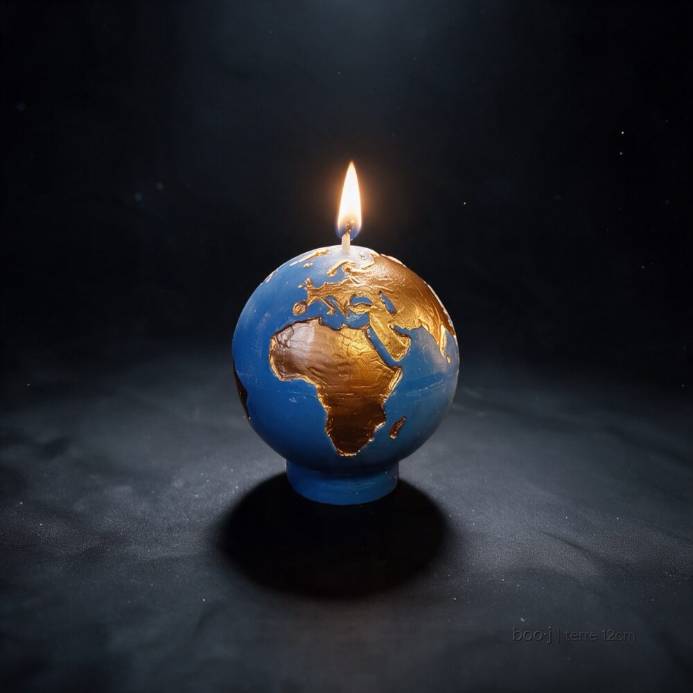 Bougie sphérique exclusive boo·j de 12 cm, fait main, représentant la Terre bleu ciel foncé avec continents en bronze irisé.