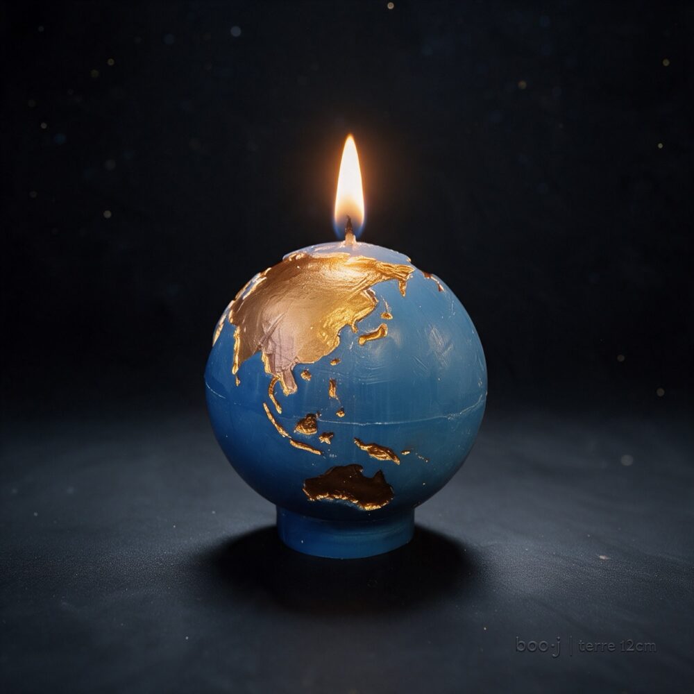 Bougie sphérique exclusive boo·j de 12 cm, fait main, représentant la Terre bleu ciel foncé avec continents en bronze irisé.