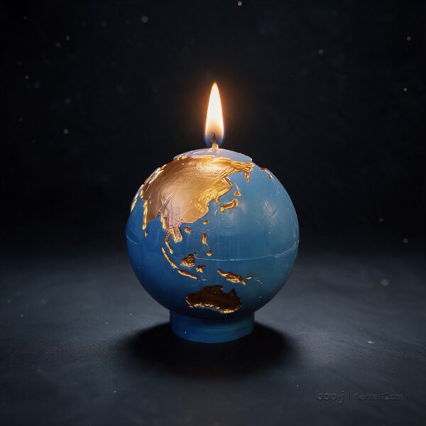 Bougie sphérique exclusive boo·j de 12 cm, fait main, représentant la Terre bleu ciel foncé avec continents en bronze irisé.