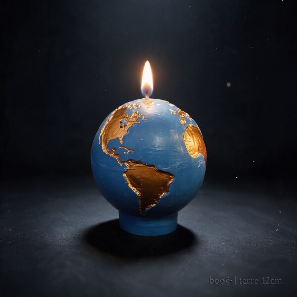 Bougie sphérique exclusive boo·j de 12 cm, fait main, représentant la Terre bleu ciel foncé avec continents en bronze irisé.