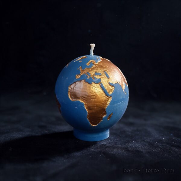 Bougie sphérique exclusive boo·j de 12 cm, fait main, représentant la Terre bleu ciel foncé avec continents en bronze irisé.