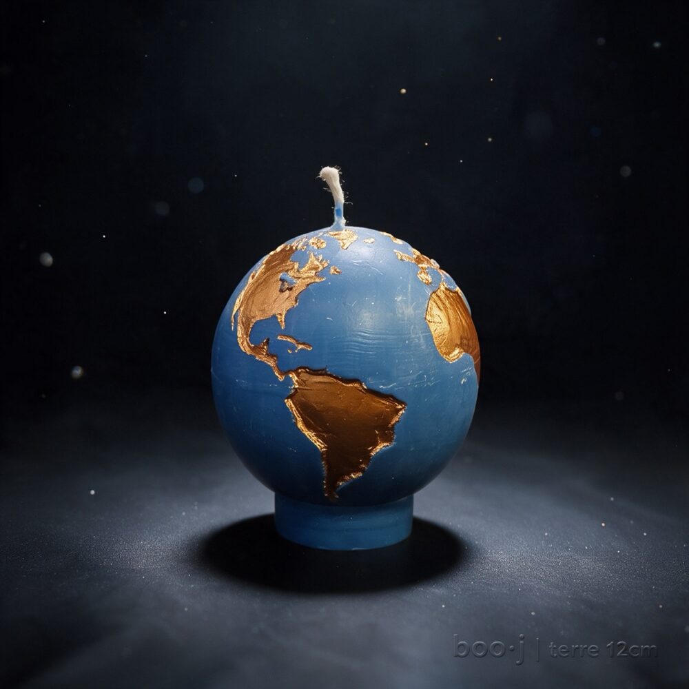Bougie sphérique exclusive boo·j de 12 cm, fait main, représentant la Terre bleu ciel foncé avec continents en bronze irisé.