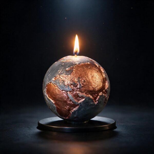 Bougie sphère Terre 8 cm allumée, cire mélange olive et noir, continents cuivrés, fait main en Suisse boo·j