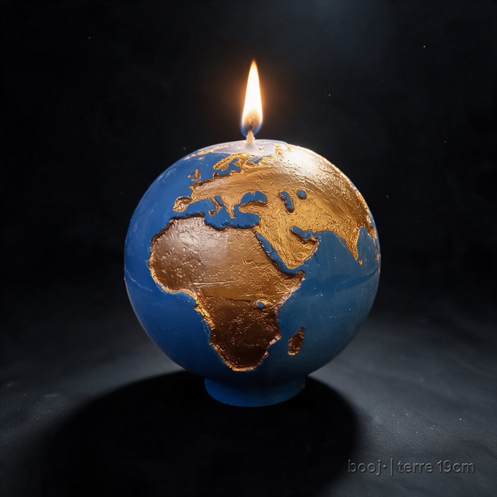 Grande bougie sphérique exclusive boo·j de 19 cm, fait main, représentant la Terre bleu ciel foncé avec continents en bronze irisé, pièce maîtresse de la collection.