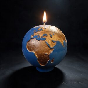 Grande bougie sphérique exclusive boo·j de 19 cm, fait main, représentant la Terre bleu ciel foncé avec continents en bronze irisé, pièce maîtresse de la collection.