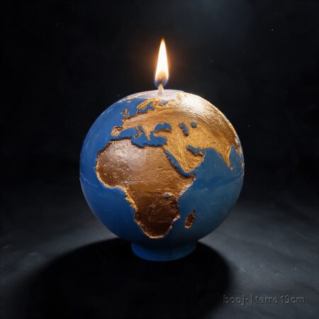 Bougie Sphère Terre 19 cm – Bleu Ciel Foncé & Bronze Irisé (Pièce Maîtresse Exclusive boo·j) Grande bougie sphérique exclusive boo·j de 19 cm, fait main, représentant la Terre bleu ciel foncé avec continents en bronze irisé, pièce maîtresse de la collection.