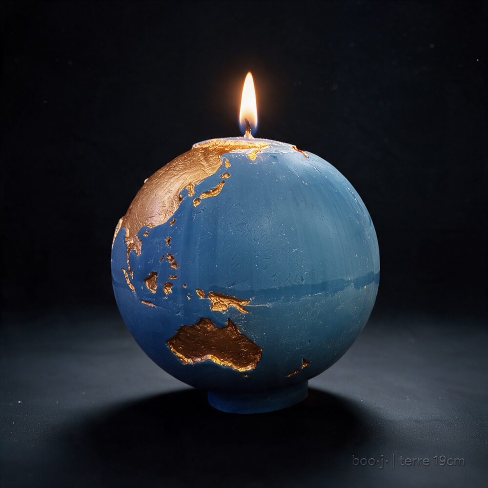 Grande bougie sphérique exclusive boo·j de 19 cm, fait main, représentant la Terre bleu ciel foncé avec continents en bronze irisé, pièce maîtresse de la collection.