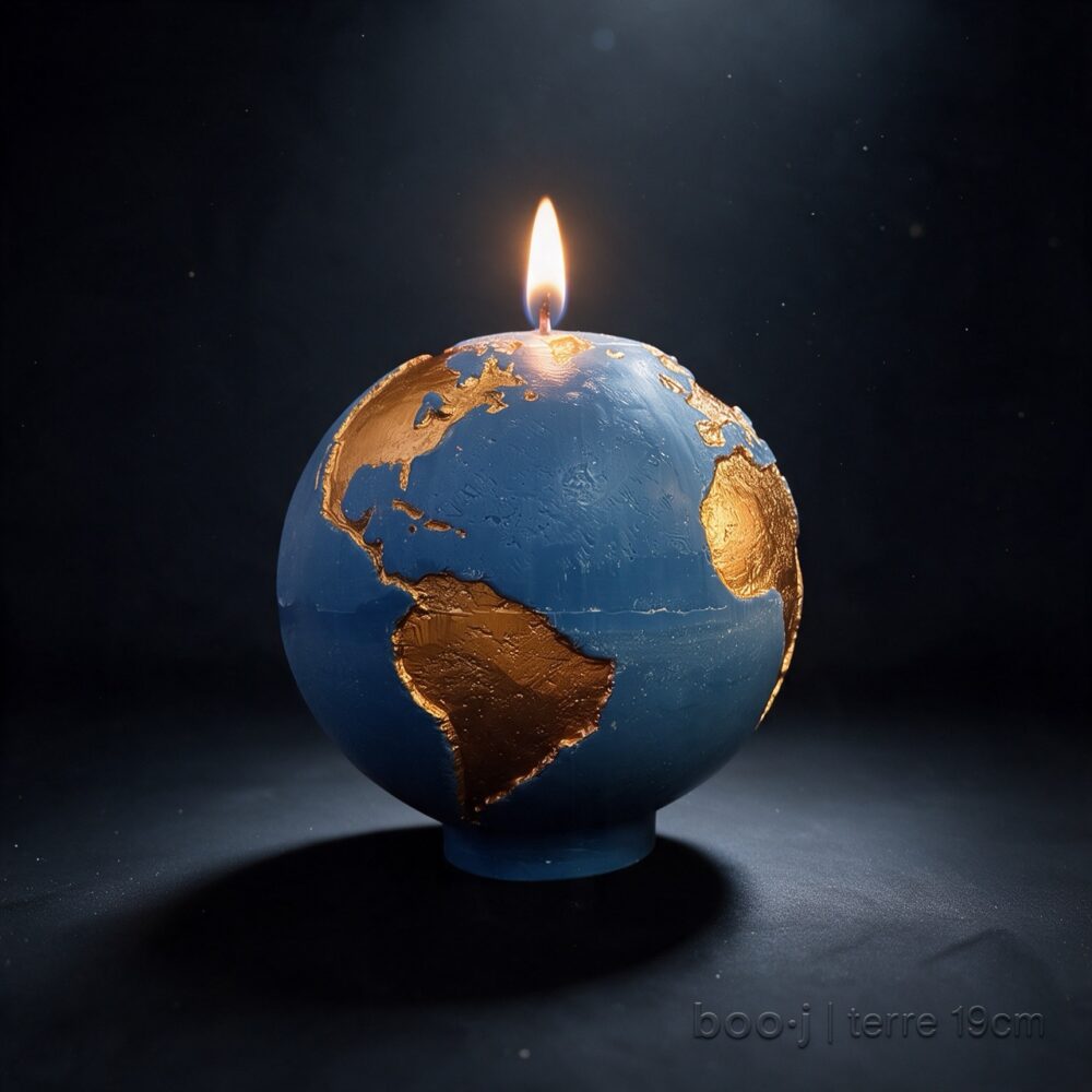 Grande bougie sphérique exclusive boo·j de 19 cm, fait main, représentant la Terre bleu ciel foncé avec continents en bronze irisé, pièce maîtresse de la collection.
