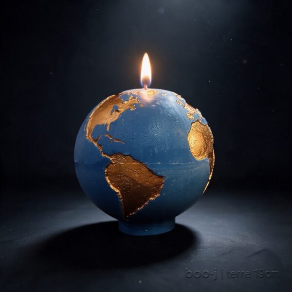 Grande bougie sphérique exclusive boo·j de 19 cm, fait main, représentant la Terre bleu ciel foncé avec continents en bronze irisé, pièce maîtresse de la collection.