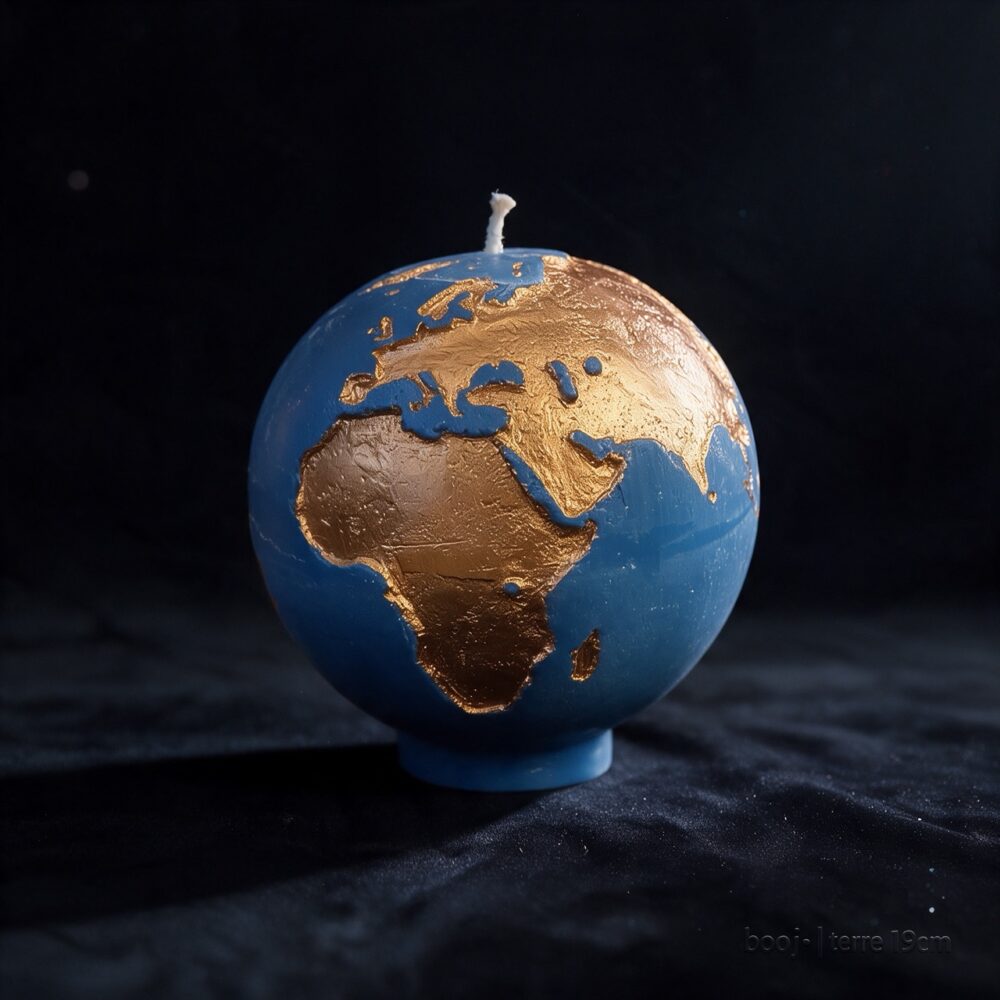 Grande bougie sphérique exclusive boo·j de 19 cm, fait main, représentant la Terre bleu ciel foncé avec continents en bronze irisé, pièce maîtresse de la collection.