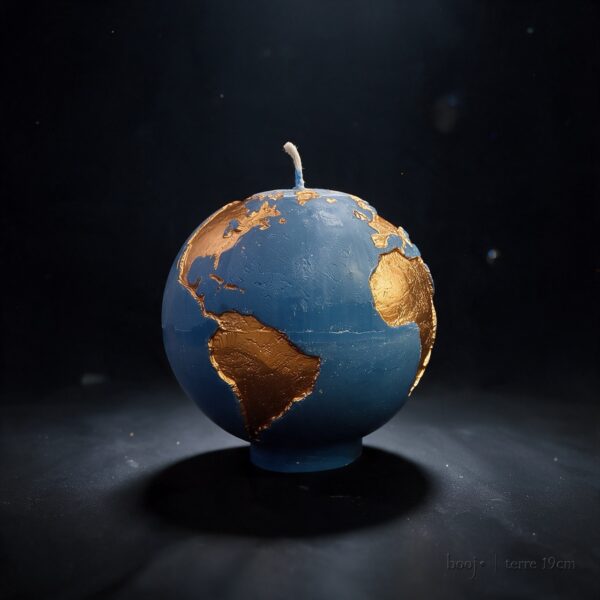 Grande bougie sphérique exclusive boo·j de 19 cm, fait main, représentant la Terre bleu ciel foncé avec continents en bronze irisé, pièce maîtresse de la collection.