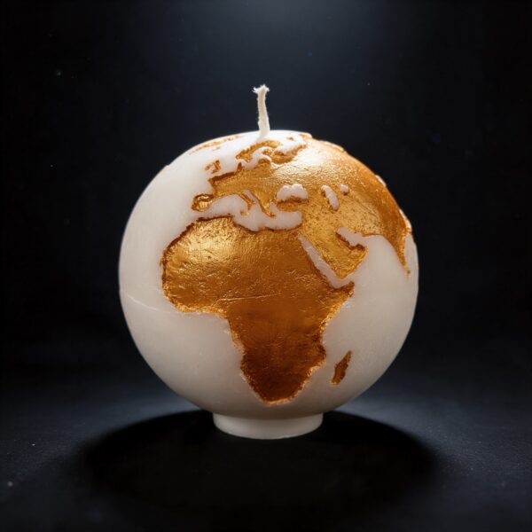 Grande bougie sphérique exclusive boo·j de 19 cm, fait main, représentant la Terre avec continents en couleur or foncé sur fond blanc, pièce maîtresse de la collection.