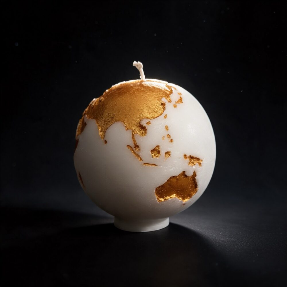 Grande bougie sphérique exclusive boo·j de 19 cm, fait main, représentant la Terre avec continents en couleur or foncé sur fond blanc, pièce maîtresse de la collection.