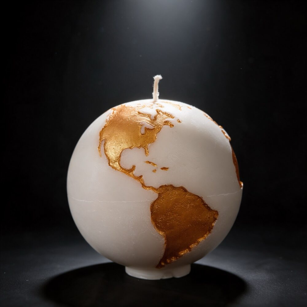 Grande bougie sphérique exclusive boo·j de 19 cm, fait main, représentant la Terre avec continents en couleur or foncé sur fond blanc, pièce maîtresse de la collection.