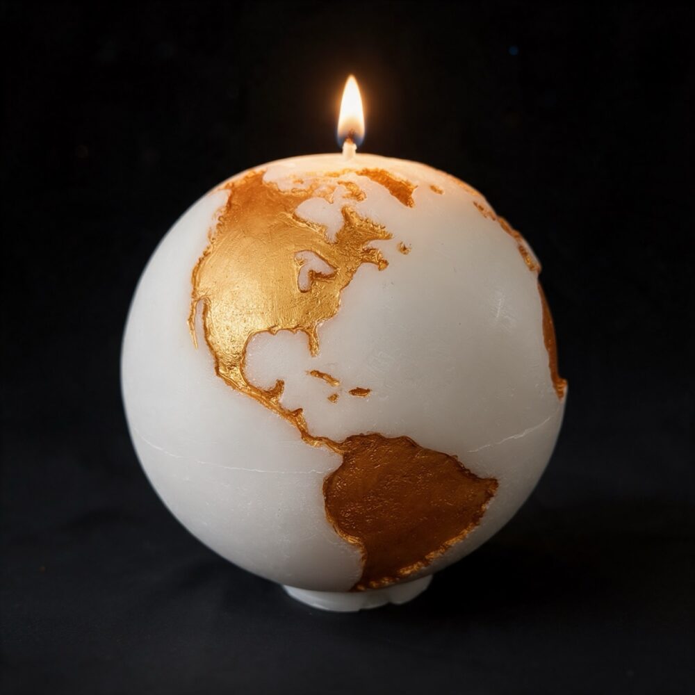 Grande bougie sphérique exclusive boo·j de 19 cm, fait main, représentant la Terre avec continents en couleur or foncé sur fond blanc, pièce maîtresse de la collection.