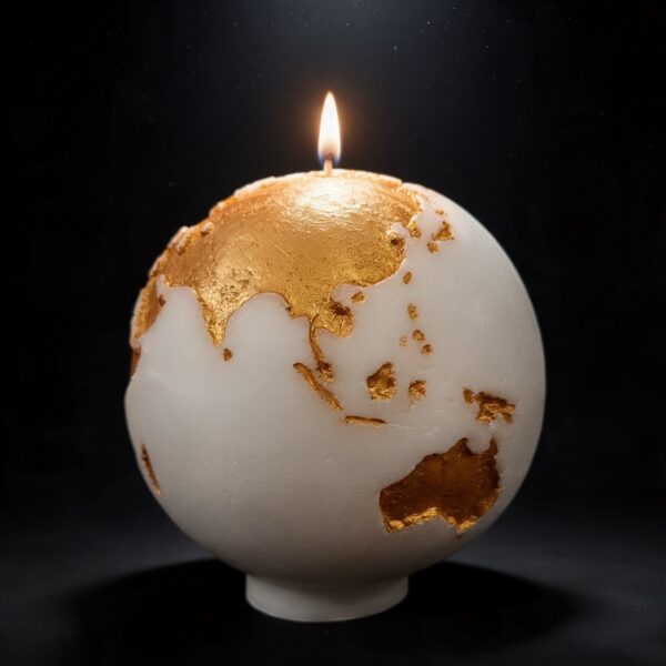 Grande bougie sphérique exclusive boo·j de 19 cm, fait main, représentant la Terre avec continents en couleur or foncé sur fond blanc, pièce maîtresse de la collection.