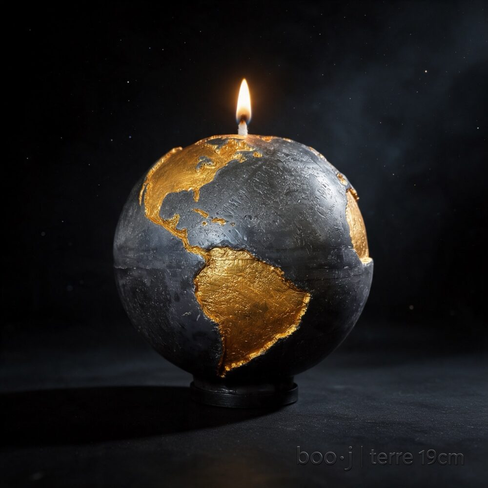 Grande bougie sphérique exclusive boo·j de 19 cm, fait main, représentant la Terre noire avec continents en couleur or foncé, pièce maîtresse de la collection.