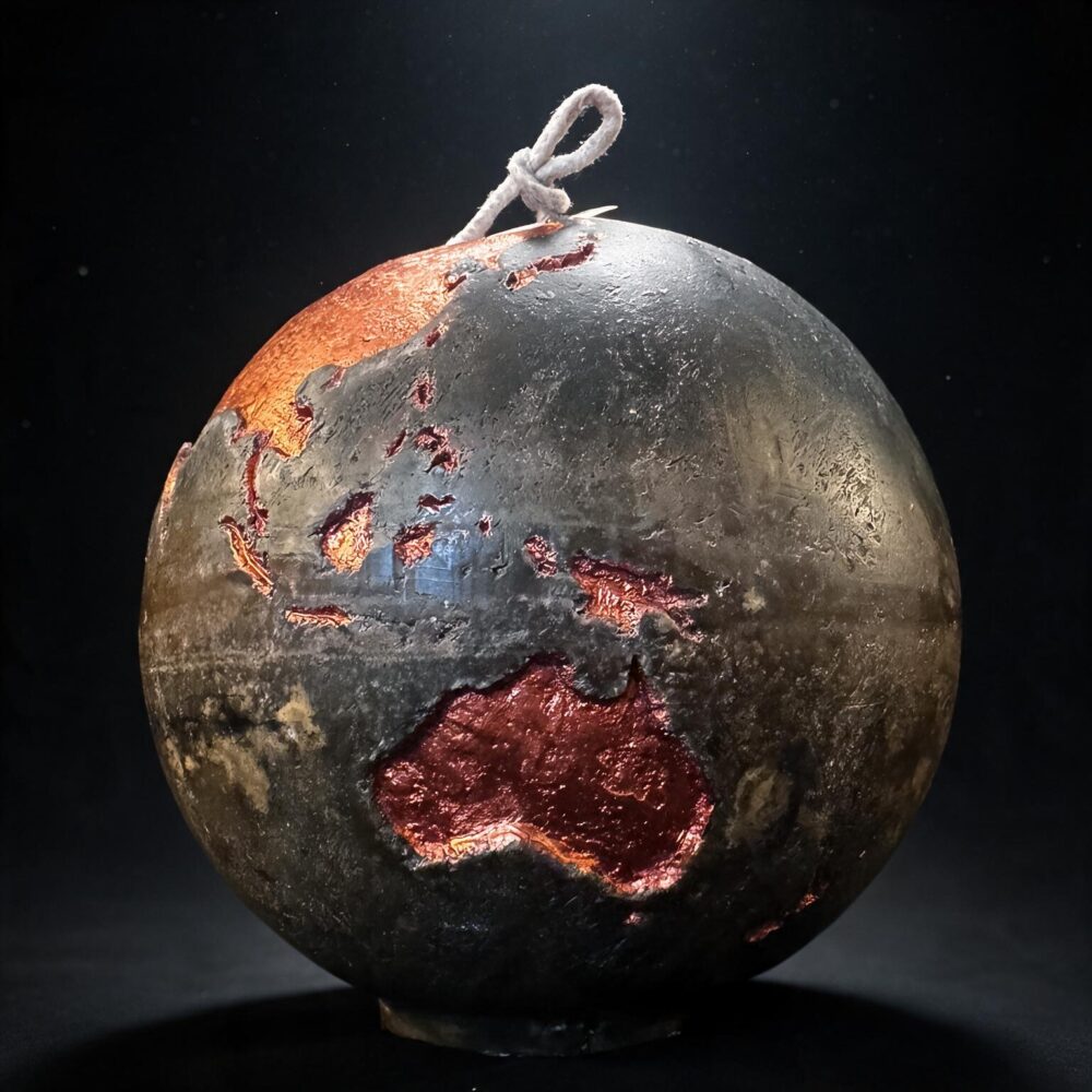 Bougie sphère Terre 19 cm, cire mélange olive et noir, continents cuivrés, artisanat suisse boo·j