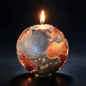 Bougie sphère Terre 19 cm allumée, cire mélange olive et noir, continents cuivrés, pièce unique boo·j