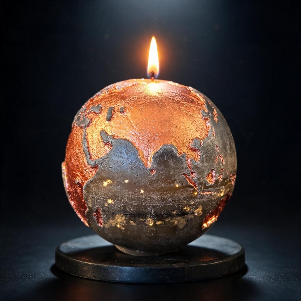 Bougie sphère Terre 19 cm allumée, cire mélange olive et noir, continents cuivrés, pièce unique boo·j