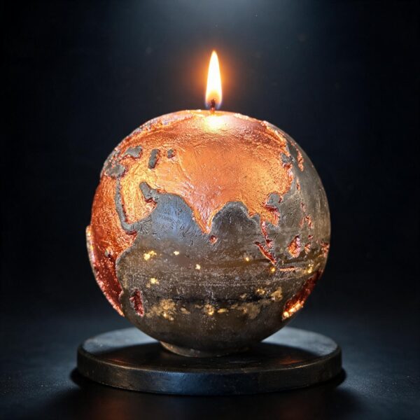 Bougie sphère Terre 19 cm allumée, cire mélange olive et noir, continents cuivrés, pièce unique boo·j