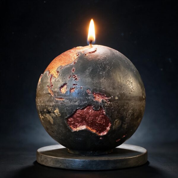 Bougie sphère Terre 19 cm allumée, cire mélange olive et noir, continents cuivrés, pièce unique boo·j
