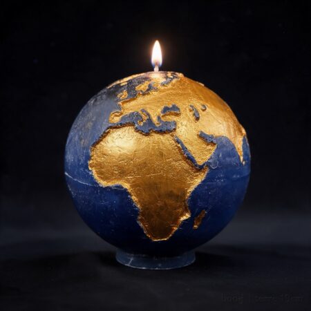 Bougie Sphère Terre 19 cm – Bleu Nuit et Or Foncé (Pièce Maîtresse Exclusive boo·j) Grande bougie sphérique exclusive boo·j de 19 cm, fait main, représentant la Terre avec continents en couleur or foncé sur fond bleu nuit, pièce maîtresse de la collection.