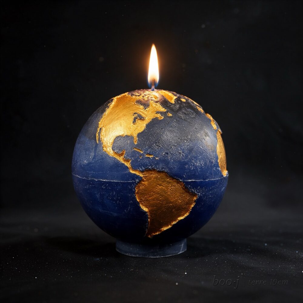 Grande bougie sphérique exclusive boo·j de 19 cm, fait main, représentant la Terre avec continents en couleur or foncé sur fond bleu nuit, pièce maîtresse de la collection.