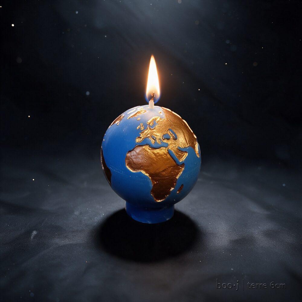 SPHERE-6cm-Terre-BLEU-CIEL-Foncé-Continents-Bronze-1ougie Sphère Terre 6 cm – Bleu Ciel Foncé et Bronze Irisé (Exclusive boo·j) Petite bougie sphérique exclusive boo·j de 6 cm, fait main, représentant la Terre bleu ciel foncé avec continents en bronze irisé.