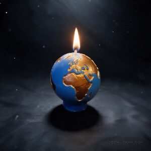 Petite bougie sphérique exclusive boo·j de 6 cm, fait main, représentant la Terre bleu ciel foncé avec continents en bronze irisé.