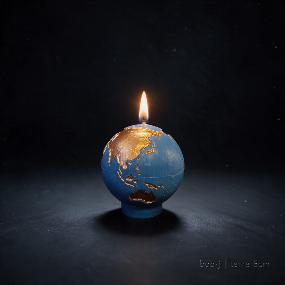 ougie Sphère Terre 6 cm – Bleu Ciel Foncé et Bronze Irisé (Exclusive boo·j) Petite bougie sphérique exclusive boo·j de 6 cm, fait main, représentant la Terre bleu ciel foncé avec continents en bronze irisé.
