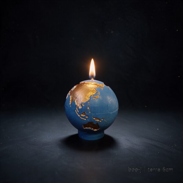 ougie Sphère Terre 6 cm – Bleu Ciel Foncé et Bronze Irisé (Exclusive boo·j) Petite bougie sphérique exclusive boo·j de 6 cm, fait main, représentant la Terre bleu ciel foncé avec continents en bronze irisé.