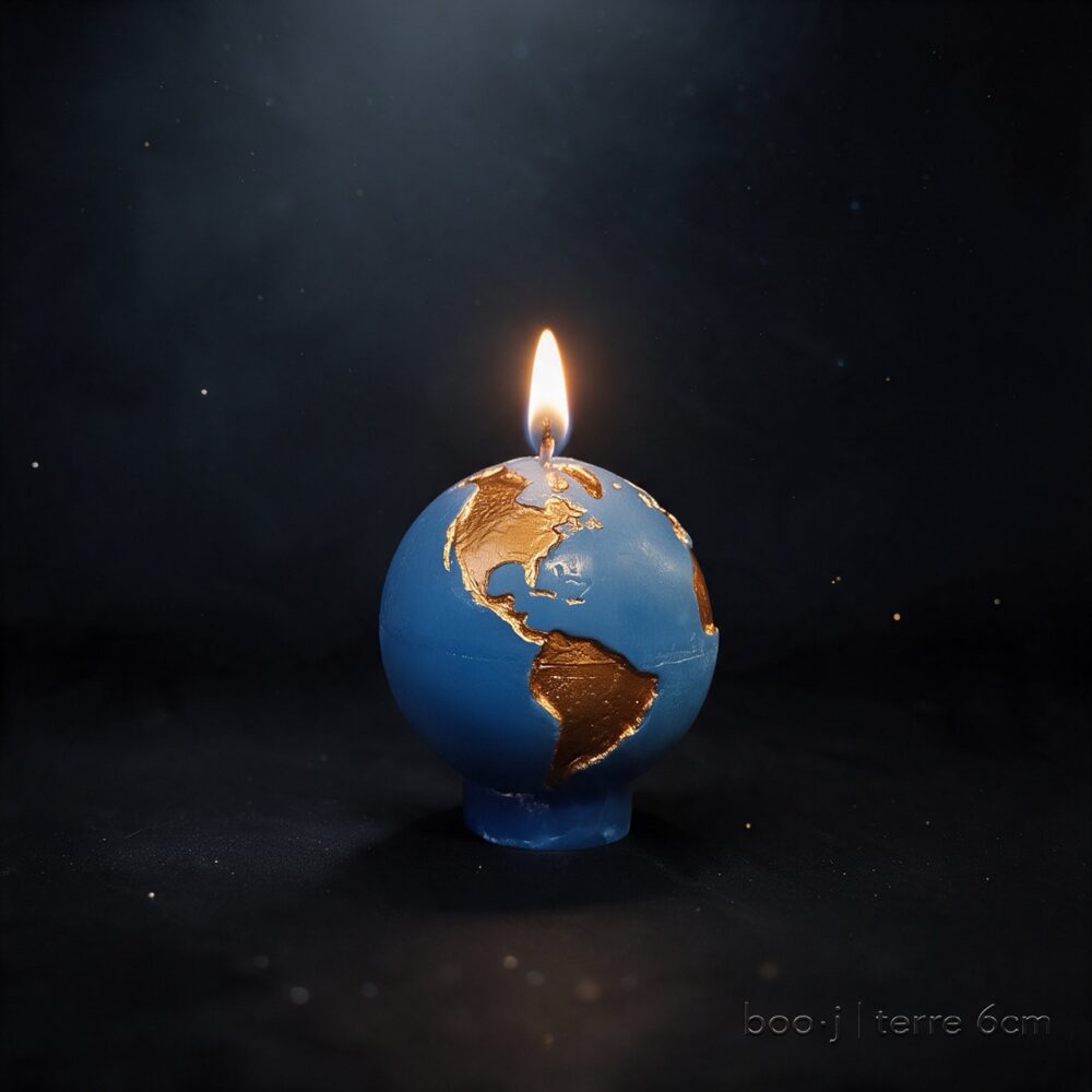 ougie Sphère Terre 6 cm – Bleu Ciel Foncé et Bronze Irisé (Exclusive boo·j) Petite bougie sphérique exclusive boo·j de 6 cm, fait main, représentant la Terre bleu ciel foncé avec continents en bronze irisé.