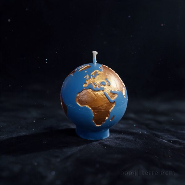 ougie Sphère Terre 6 cm – Bleu Ciel Foncé et Bronze Irisé (Exclusive boo·j) Petite bougie sphérique exclusive boo·j de 6 cm, fait main, représentant la Terre bleu ciel foncé avec continents en bronze irisé.