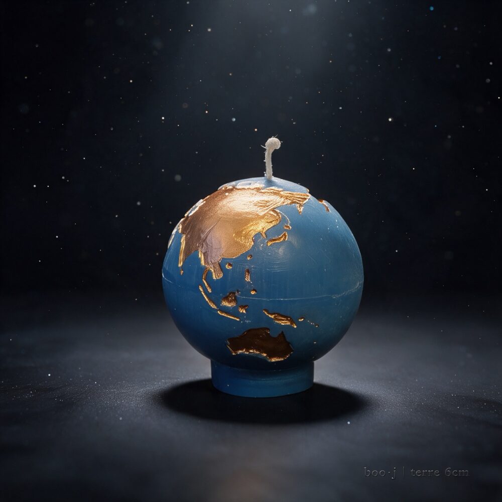 ougie Sphère Terre 6 cm – Bleu Ciel Foncé et Bronze Irisé (Exclusive boo·j) Petite bougie sphérique exclusive boo·j de 6 cm, fait main, représentant la Terre bleu ciel foncé avec continents en bronze irisé.