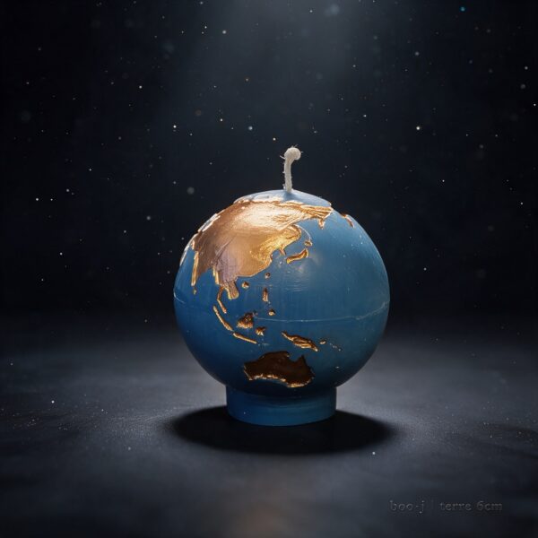 ougie Sphère Terre 6 cm – Bleu Ciel Foncé et Bronze Irisé (Exclusive boo·j) Petite bougie sphérique exclusive boo·j de 6 cm, fait main, représentant la Terre bleu ciel foncé avec continents en bronze irisé.