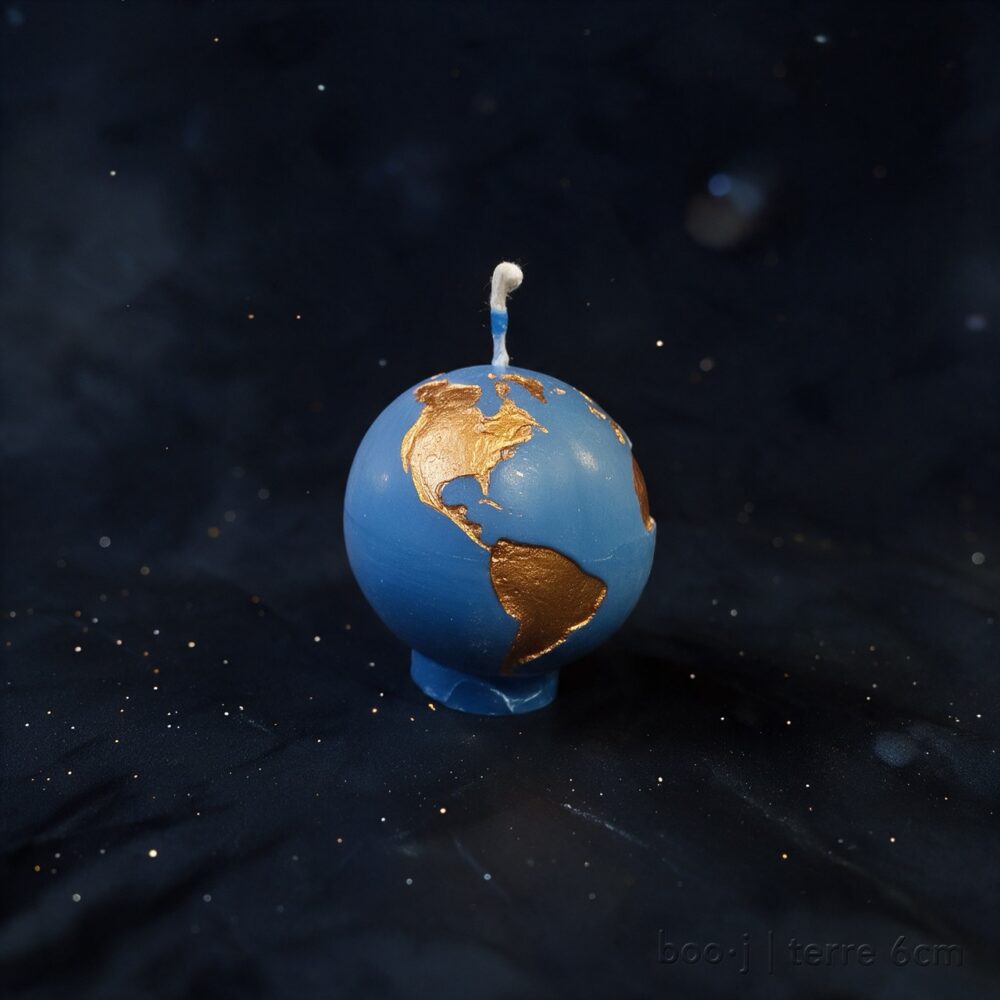 ougie Sphère Terre 6 cm – Bleu Ciel Foncé et Bronze Irisé (Exclusive boo·j) Petite bougie sphérique exclusive boo·j de 6 cm, fait main, représentant la Terre bleu ciel foncé avec continents en bronze irisé.