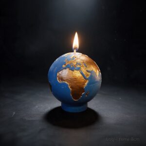 Bougie Sphère Terre 8 cm – Bleu Ciel Foncé et Bronze Irisé (Exclusive boo·j) Bougie sphérique exclusive boo·j de 8 cm, fait main, représentant la Terre bleu ciel foncé avec continents en bronze irisé.