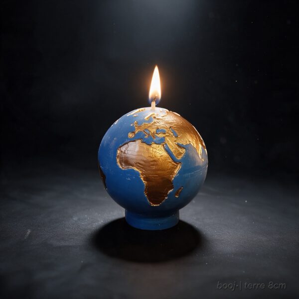 Bougie Sphère Terre 8 cm – Bleu Ciel Foncé et Bronze Irisé (Exclusive boo·j) Bougie sphérique exclusive boo·j de 8 cm, fait main, représentant la Terre bleu ciel foncé avec continents en bronze irisé.