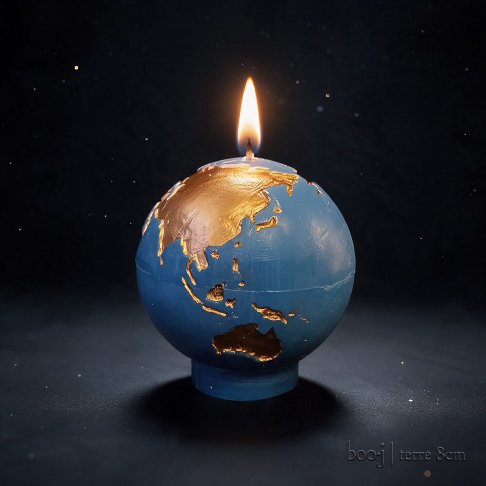 Bougie Sphère Terre 8 cm – Bleu Ciel Foncé et Bronze Irisé (Exclusive boo·j) Bougie sphérique exclusive boo·j de 8 cm, fait main, représentant la Terre bleu ciel foncé avec continents en bronze irisé.
