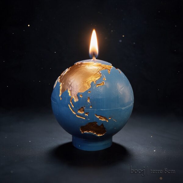 Bougie Sphère Terre 8 cm – Bleu Ciel Foncé et Bronze Irisé (Exclusive boo·j) Bougie sphérique exclusive boo·j de 8 cm, fait main, représentant la Terre bleu ciel foncé avec continents en bronze irisé.