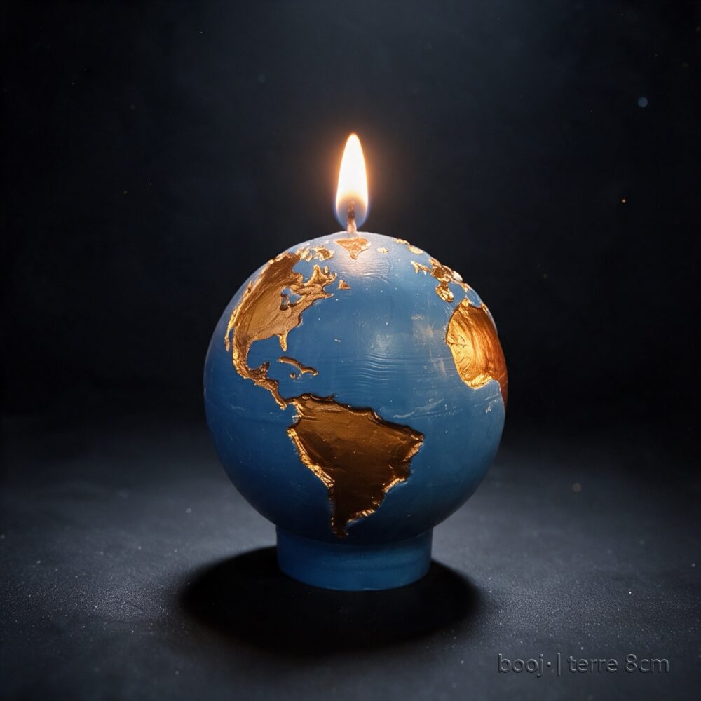 Bougie Sphère Terre 8 cm – Bleu Ciel Foncé et Bronze Irisé (Exclusive boo·j) Bougie sphérique exclusive boo·j de 8 cm, fait main, représentant la Terre bleu ciel foncé avec continents en bronze irisé.