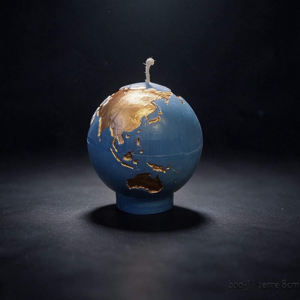 Bougie Sphère Terre 8 cm – Bleu Ciel Foncé et Bronze Irisé (Exclusive boo·j) Bougie sphérique exclusive boo·j de 8 cm, fait main, représentant la Terre bleu ciel foncé avec continents en bronze irisé.