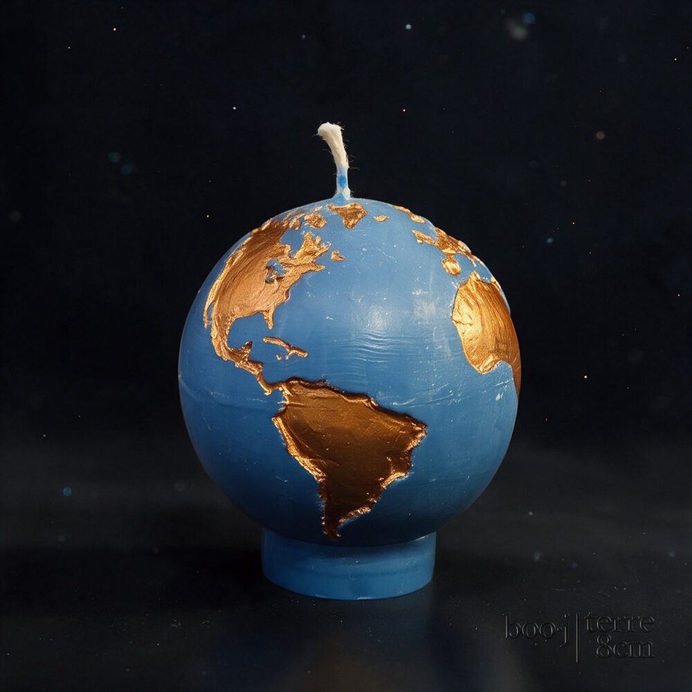 Bougie Sphère Terre 8 cm – Bleu Ciel Foncé et Bronze Irisé (Exclusive boo·j) Bougie sphérique exclusive boo·j de 8 cm, fait main, représentant la Terre bleu ciel foncé avec continents en bronze irisé.