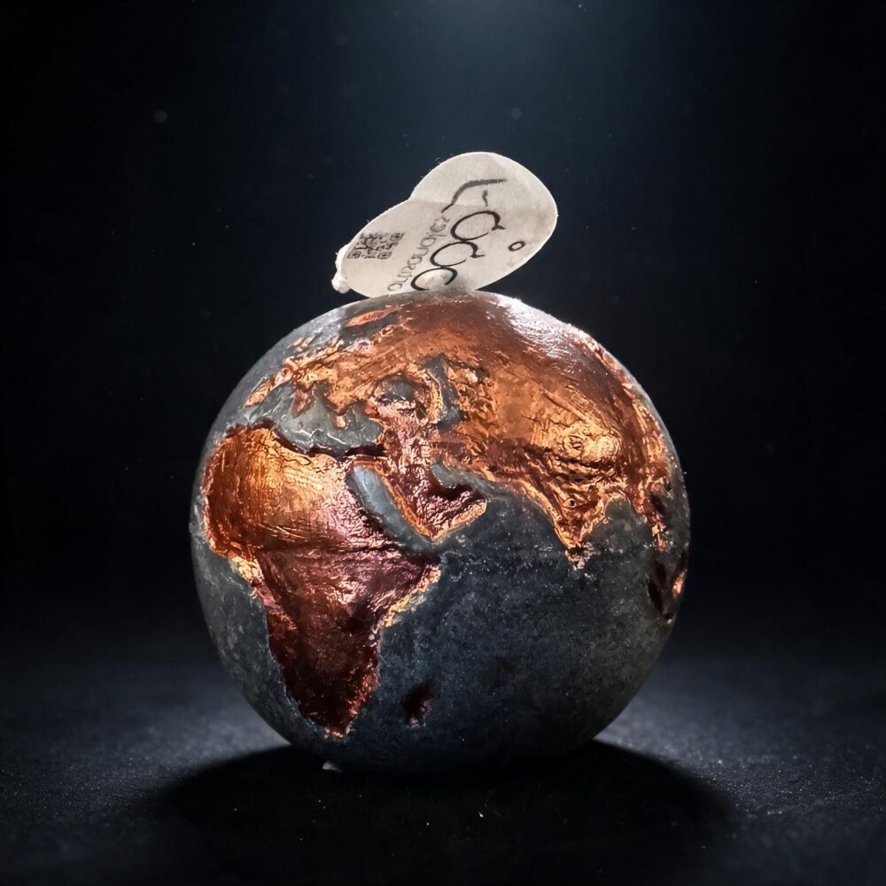 Bougie sphère Terre 8 cm, cire olive et continents cuivrés, fabrication suisse boo·j