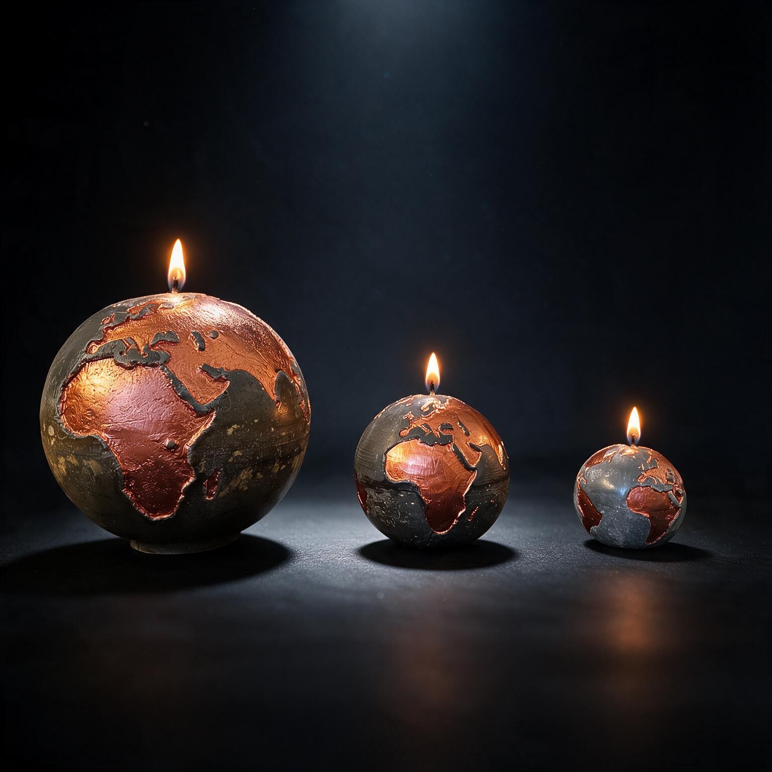 Trois bougies sphères Terre allumées (8, 12 et 19 cm), cire olive/noir et continents cuivrés, fait main en Suisse